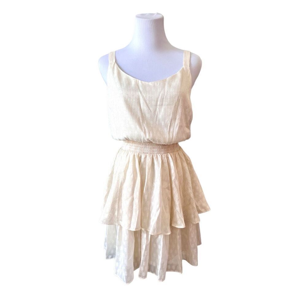 Express Cream Metallic Sleeveless Fit &‎ Flare Tiered Dress MEDIUM Cottage NWT